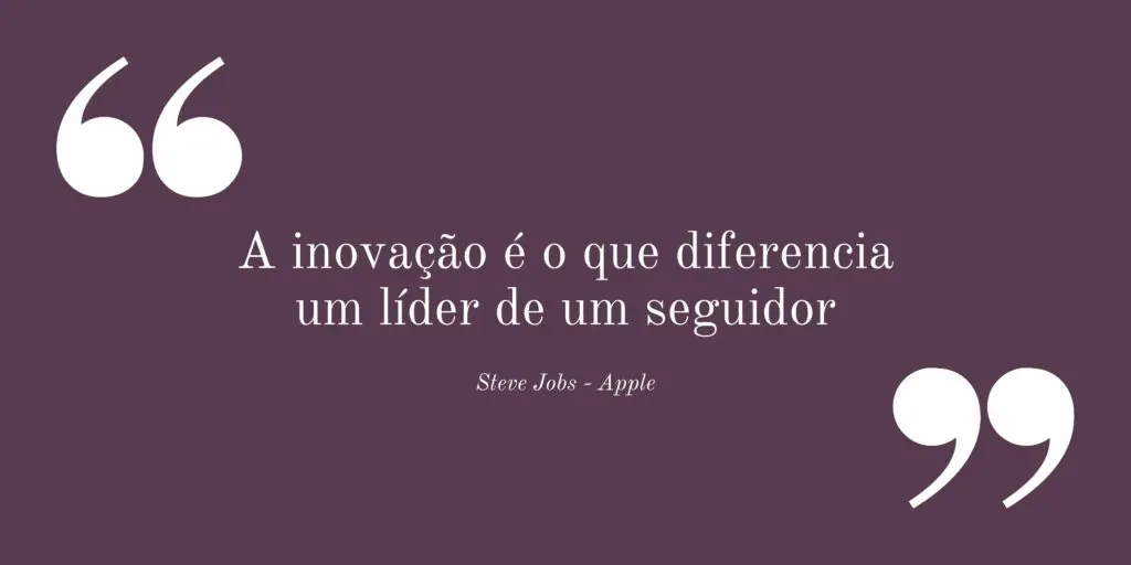 Citação de Steve Jobs em fundo roxo: A inovação é o que diferencia um líder de um seguidor.