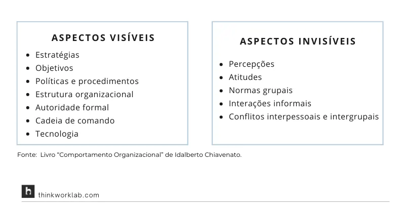 Gráfico de duas colunas listando aspectos visíveis e invisíveis da cultura organizacional.