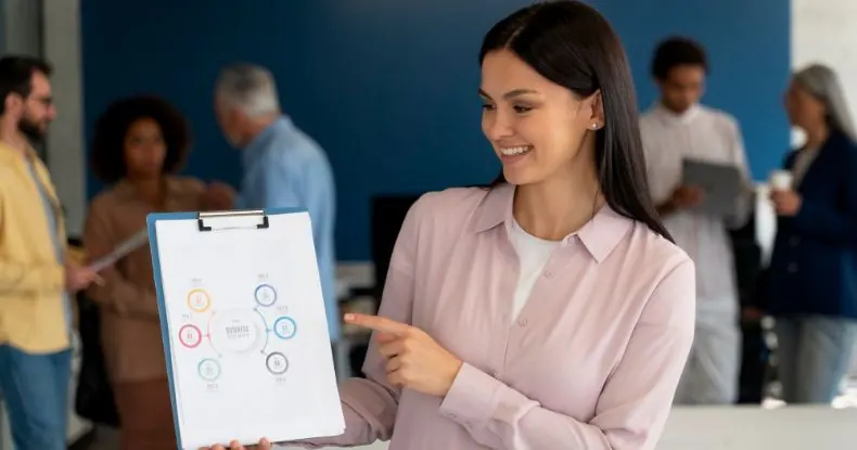 Mulher sorridente apontando para um infográfico em uma prancheta, com colegas ao fundo.