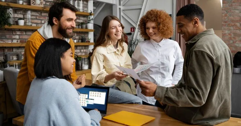 Cinco colegas de trabalho sorrindo e colaborando em uma mesa com um laptop.