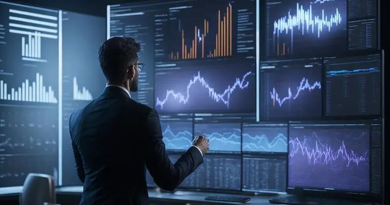 Homem de terno e óculos analisando gráficos e dados em vários monitores.