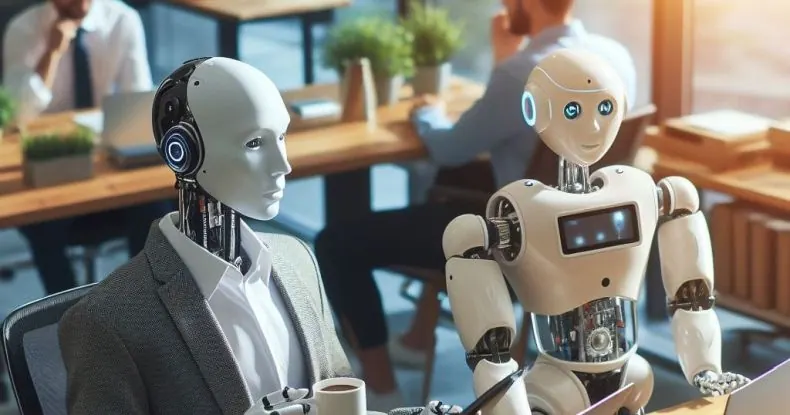 Dois robôs, um com blazer, sentados em uma mesa de escritório com pessoas ao fundo.