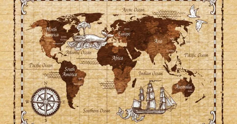 Um mapa-múndi antigo em tons de marrom com ilustrações de uma baleia, pássaros, navio e rosa dos ventos.