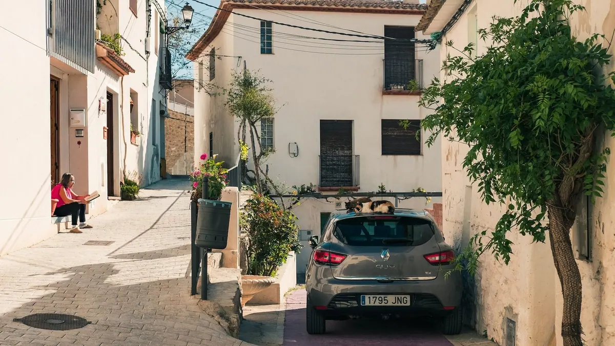 Uma mulher sentada na rua, um carro estacionado com um gato no teto.