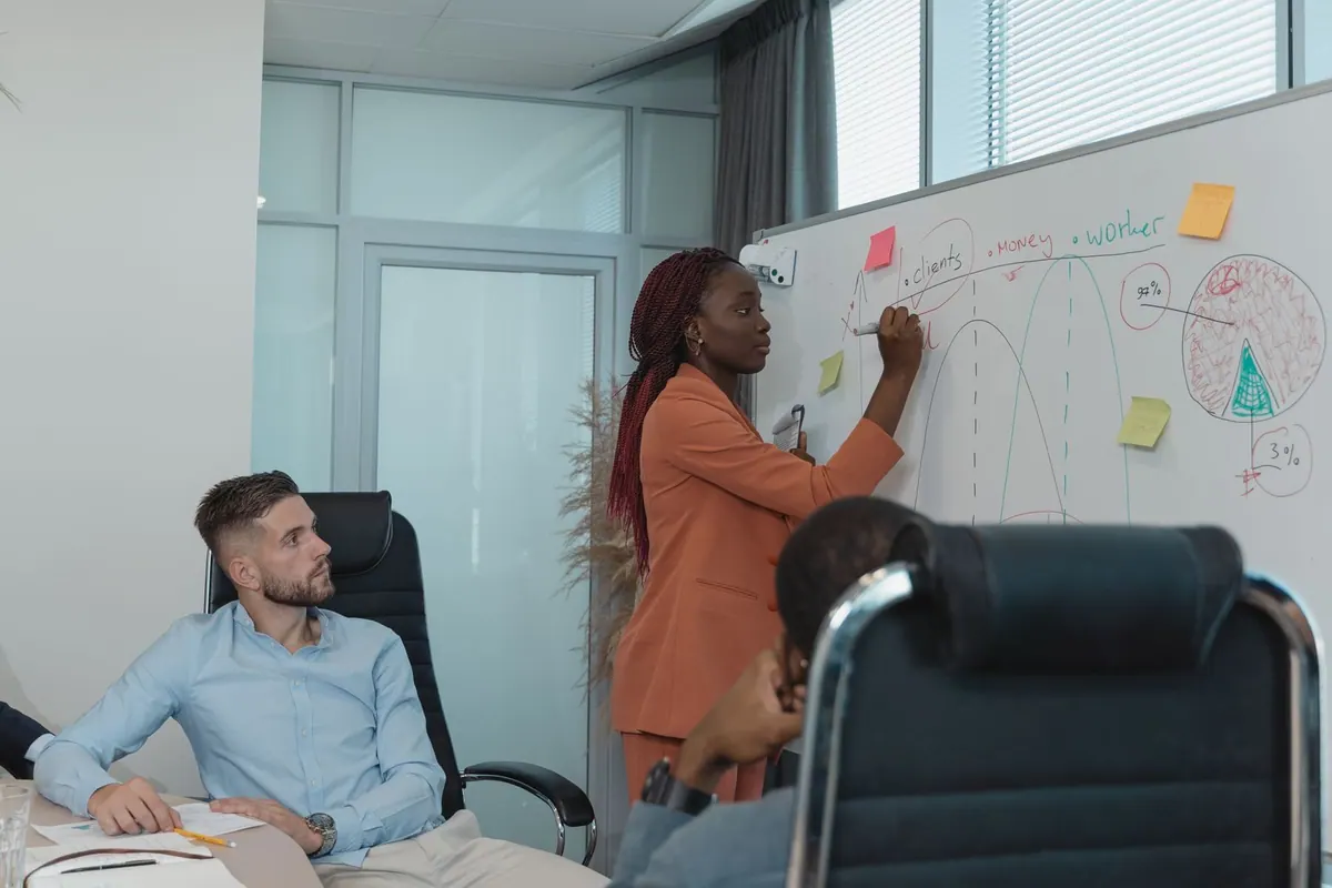 Mulher escrevendo em quadro branco com gráficos e colegas de trabalho observando.