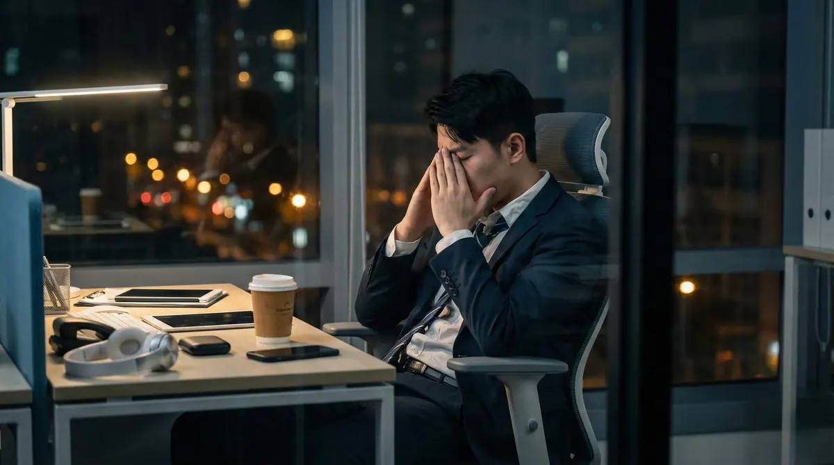 Homem de negócios estressado no escritório à noite, com as mãos no rosto.