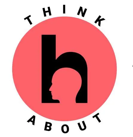 Logotipo Think About: letra h preta com silhueta de cabeça humana em círculo rosa.