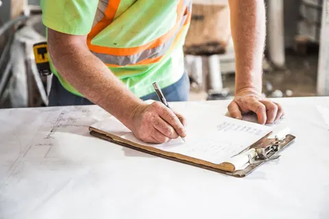 Trabalhador da construção civil escrevendo em uma prancheta.