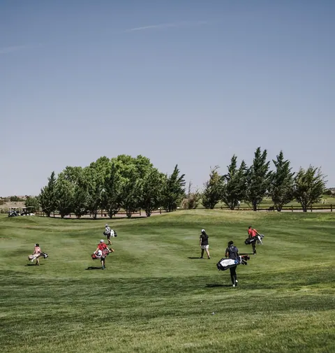 Pessoas jogando golfe em um campo verde com árvores e céu azul claro.