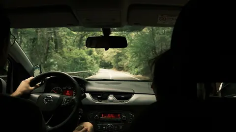 Pessoas dentro de um carro, vistas de trás, dirigindo por uma estrada arborizada.