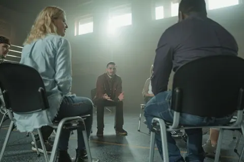 Grupo de pessoas sentadas em círculo, um homem falando no centro.