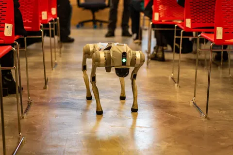 Robô em forma de cachorro no chão de um ambiente interno com cadeiras vermelhas.