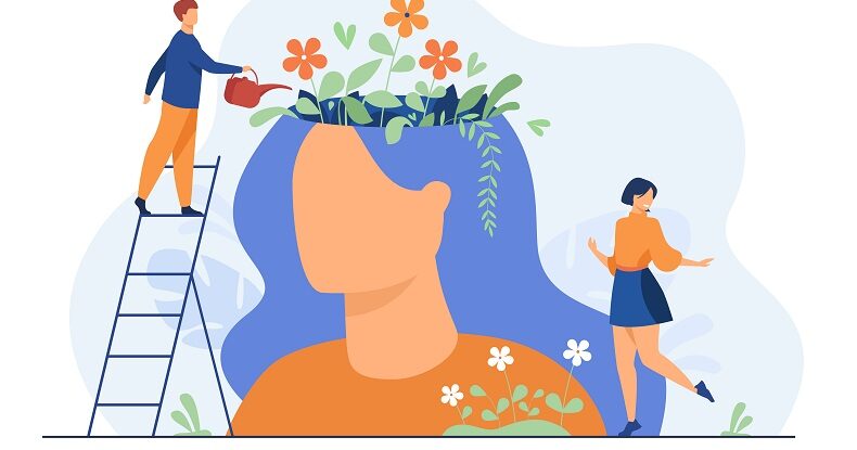 Mulher com imagem de flores na cabeça trazendo o conceito de saúde mental